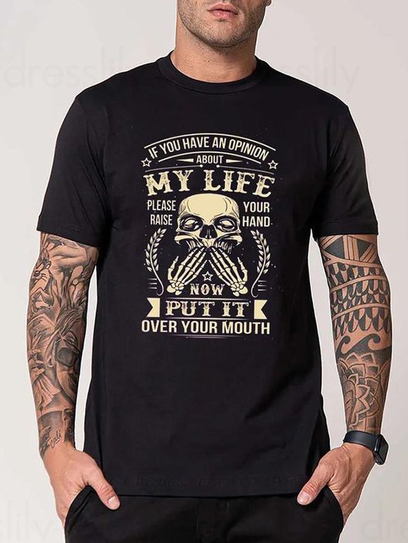 Skull and Slogan Print Streetwear Casual Tee and Short Sleeve Round Neck T Shirt - BLACK XXXL