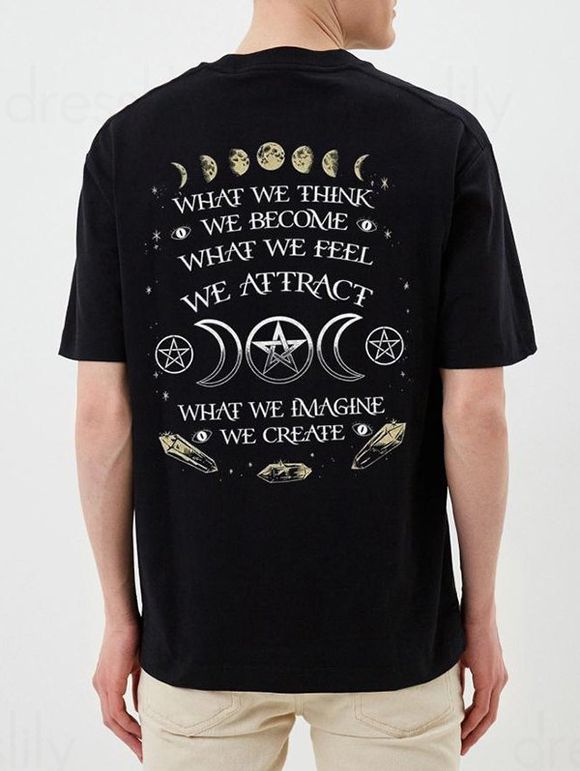 Short Sleeve Graphic Print T Shirt Moon Phase Slogan Print Round Neck Casual Tee - BLACK XXXL