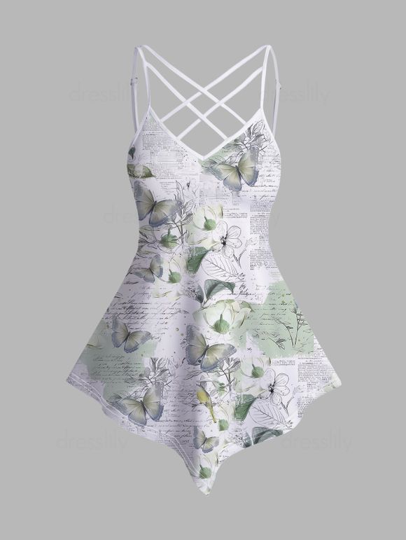 Débardeur Asymétrique Décontracté Croisé à Imprimé Papillon Fleuri Journal à Bretelle Fine - Blanc L