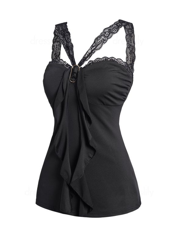 Débardeur Décontracté Simple Panneau en Dentelle Transparente à Volants - Noir XL