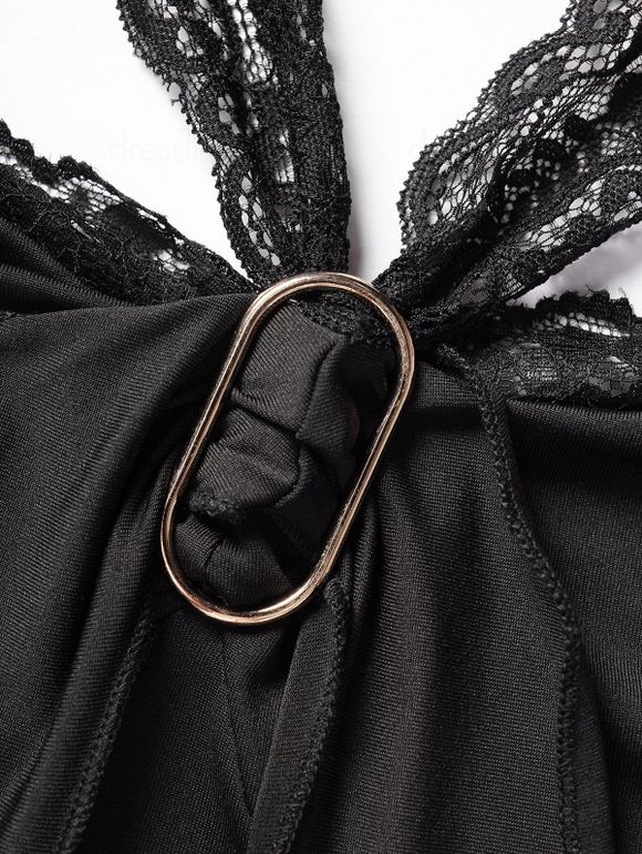 Débardeur Décontracté Simple Panneau en Dentelle Transparente à Volants - Noir XL