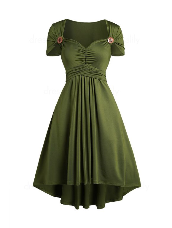 Robe Mi-Longue Haute Basse Croisée Plissée en Couleur Unie à Taille Plissée à Manche Courtes - Vert profond XL