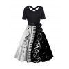 Robe Ligne A Ceinturée à Imprimé Note de Musique en Blocs de Couleurs à Manches Courtes - Noir XXL