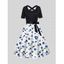 Flower Print Belt A Line Dress Bowknot Short Sleeve Midi Dress - BLUE XXL