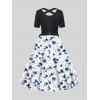 Flower Print Belt A Line Dress Bowknot Short Sleeve Midi Dress - BLUE XXL