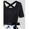 Flower Print Belt A Line Dress Bowknot Short Sleeve Midi Dress - BLUE XXL
