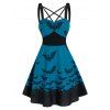 Mini Robe Croisée à Bretelle à Imprimé Chauve-souris à Taille Haute - Bleu L