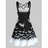 Halloween Bat Print Criss Cross High Waisted Cami Dress - BLACK S