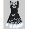 Mini Robe Croisée à Bretelle à Imprimé Chauve-souris à Taille Haute - Noir L