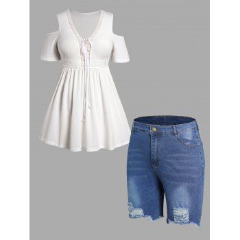 

Plus Size Lace Up Cold Shoulder Long T Shirt and Frayed Hem Denim Shorts Casual Outfit, Multicolor a