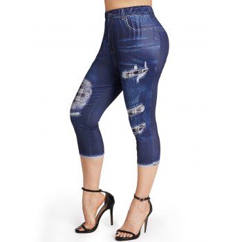 

Plus Size Cropped Jeggings Faux Denim 3D Plaid Print Elastic Waist Capri Leggings, Deep blue