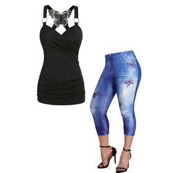 

Plus Size Butterfly Lace O Ring Tank Top and Elastic Waist Capri Leggings Casual Outfit, Multicolor a