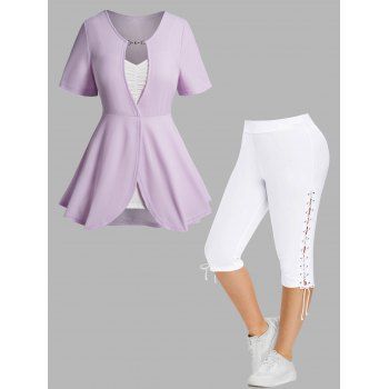 

Plus Size Colorblock Chain Textured Faux Twinset T Shirt and Eyelet Lace Up Cropped Leggings Casual Outfit, Multicolor a