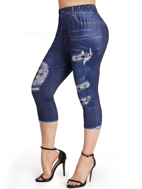 Legging Capri à Imprimé 3D Jean à Carreaux à Taille Elastique de Grande Taille - Bleu profond 2X