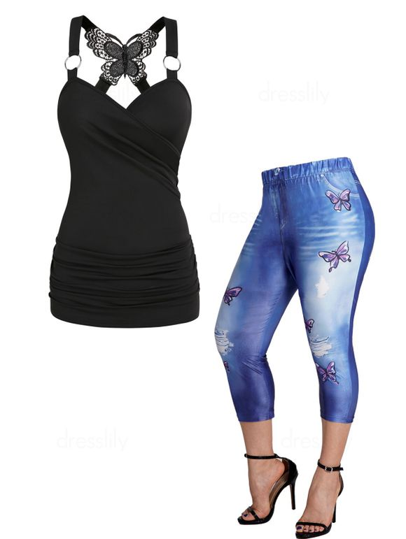 Plus Size Butterfly Lace O Ring Tank Top and Elastic Waist Capri Leggings Casual Outfit - multicolor A L