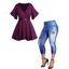 Plus Size Plunging Neck Surplice Belted T Shirt and Faux Denim Butterfly Print Capri Leggings Casual Outfit - multicolor A L