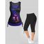 Plus Size Galaxy Butterfly Cat Print Cinched Colorblock Tank Top and Lace Up Cropped Leggings Casual Outfit - multicolor A L