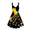 Robe de Vacances Ligne A à Imprimé Tournesol et Papillon Anneau en O de Grande Taille - Noir 5X