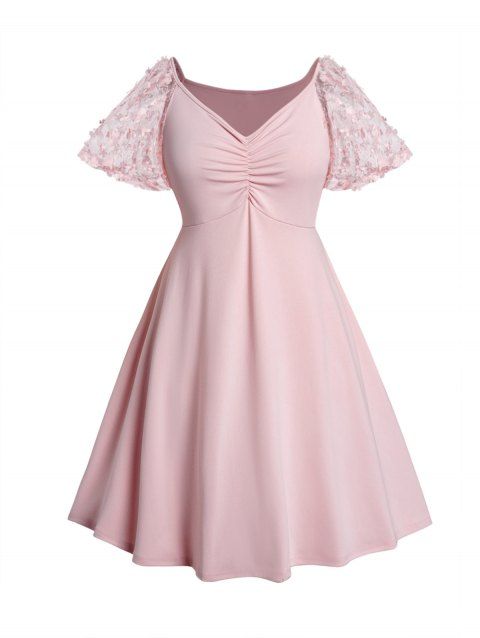 Plus Size & Curve Dress Lace Panel Ruched Empire Waist A Line Midi Dress