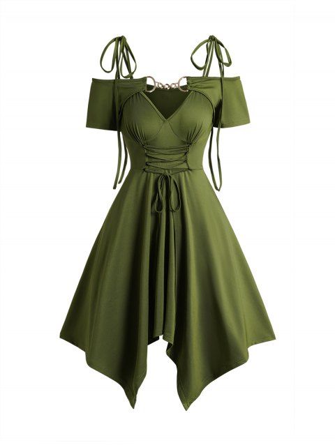 Robe Asymétrique Epaule Dénudée à Manches Courtes Nouée en Couleur Unie à Chaîne à Lacets
