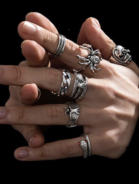 7 Pcs Gothic Rings Set Spider Skull Snake Goth Rings Set