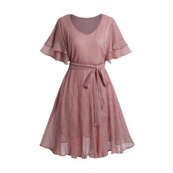 

Plus Size Dress Glitter Belted Layered Sleeve V Neck High Waisted A Line Semi Formal Dress, Light pink