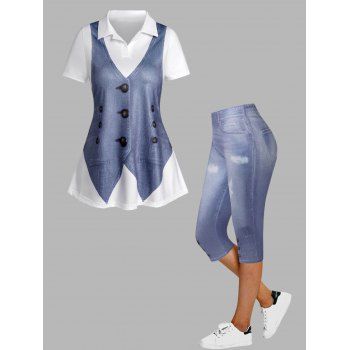 

Faux Denim Vest 3D Print Short Sleeve T-shirt and Cropped Jeggings Casual Outfit, Multicolor