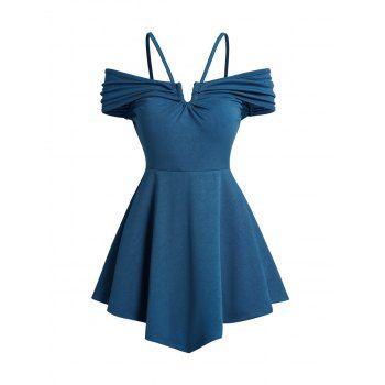 

Cold Shoulder Long T-shirt U Shape Cut Solid Color Short Sleeve Spaghetti Strap Tee, Deep blue