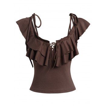

Vintage Lace Up Layered Flounce Top Tie Knot Shoulder Solid Color Crop Top, Deep coffee