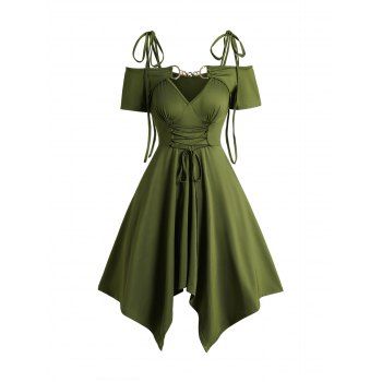 

Cold Shoulder Lace Up Asymmetric Dress Tie Knot Shoulder Chain Solid Color Short Sleeve Dress, Deep green