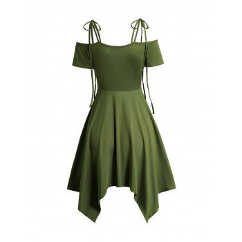 Cold Shoulder Lace Up Asymmetric Dress Tie Knot Shoulder Chain Solid Color Short Sleeve Dress 