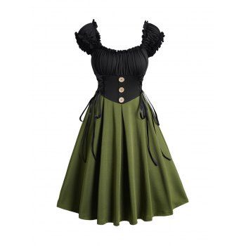 

Colorblock Puff Sleeve Lace Up Vintage Dress Ruffles Off The Shoulder Mock Button Two Tone Mini Milkmaid Dress, Deep green