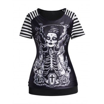 

Striped and Skeleton Print Gothic T Shirt Short Sleeve Casual Top, Black