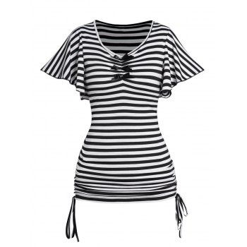 

Striped Print Bow Cinched Tee Flutter Sleeve Casual Top, Black