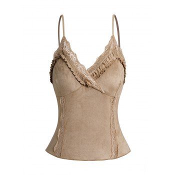 

Lace Trim Ruffles Spaghetti Strap Crop Camisole Surplice V Neck Strappy Tank Top, Light coffee