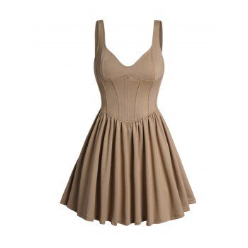 

Mini Herringbone Corset Dress Solid Color Sleeveless Swing Dress, Coffee