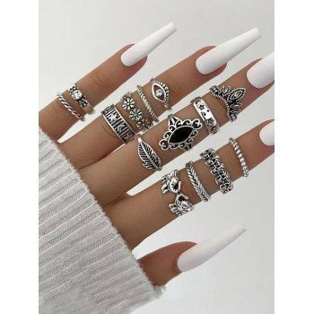 

14Pcs Vintage Floral Eye Leaf Round Alloy Finger Rings Set, Silver