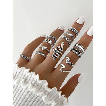 

13Pcs Floral Heart Letter Snake Round Finger Rings Set, Silver