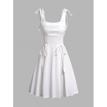 

Lace Up Corset Style Vintage Dress Plain Color Tied A Line Mini Dress, White