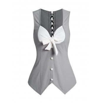 

Colorblock Bowknot Lace Up Vintage Top Mock Button Asymmetrical Casual Top, Light gray