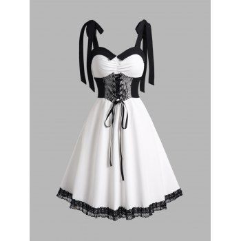 

Corset Style Lace Up Gothic Dress Colorblock Lace Hem Tied A Line Dress, White