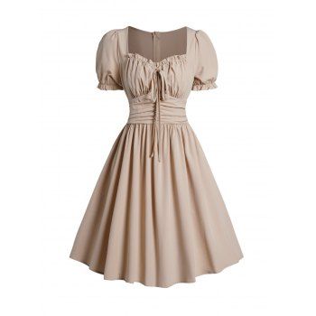 

Vintage Ruched Puff Sleeve Mini Dress Ruffles Tie Knot Solid Color Dress, Light coffee