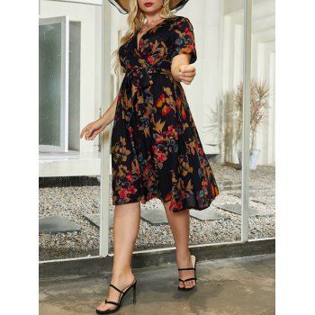 

Plus Size Flower Print Belted Surplice Dress Short Sleeve Plunging Neck Casual Midi Dress, Black