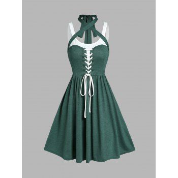 

Colorblock Lace Up Dress Heathered Halter Neck Tied Casual A Line Dress, Deep green