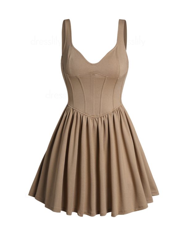 Mini Robe Trapèze sans Manches en Couleur Unie de Corset à Chevrons - café S