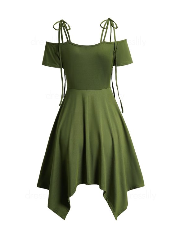 Robe Asymétrique Epaule Dénudée à Manches Courtes Nouée en Couleur Unie à Chaîne à Lacets - Vert profond XL | US 10