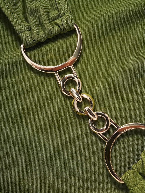 Robe Asymétrique Epaule Dénudée à Manches Courtes Nouée en Couleur Unie à Chaîne à Lacets - Vert profond XL | US 10