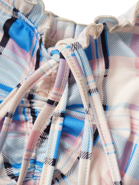 T-shirt Epaule Dénudée à Imprimé Carreaux Taille Haute à Ourlet Courbe à Volants - multicolor XL