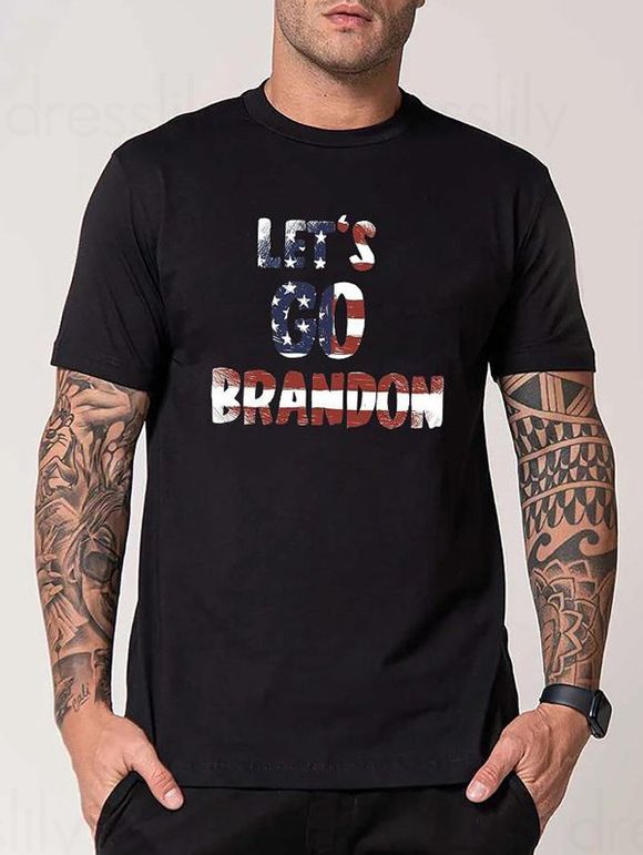 Star And Stripe Slogan Print Patriotic T-shirt Short Sleeve Round Neck Graphic Tee - BLACK XXXL