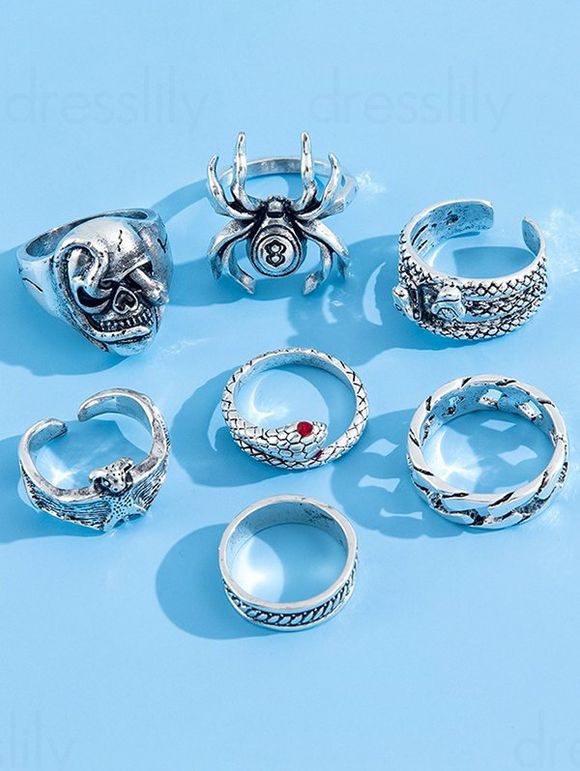 7 Pièces Ensemble de Bagues Phalanges Motif Serpent Crâne et Araignée Style Gothique - Argent 